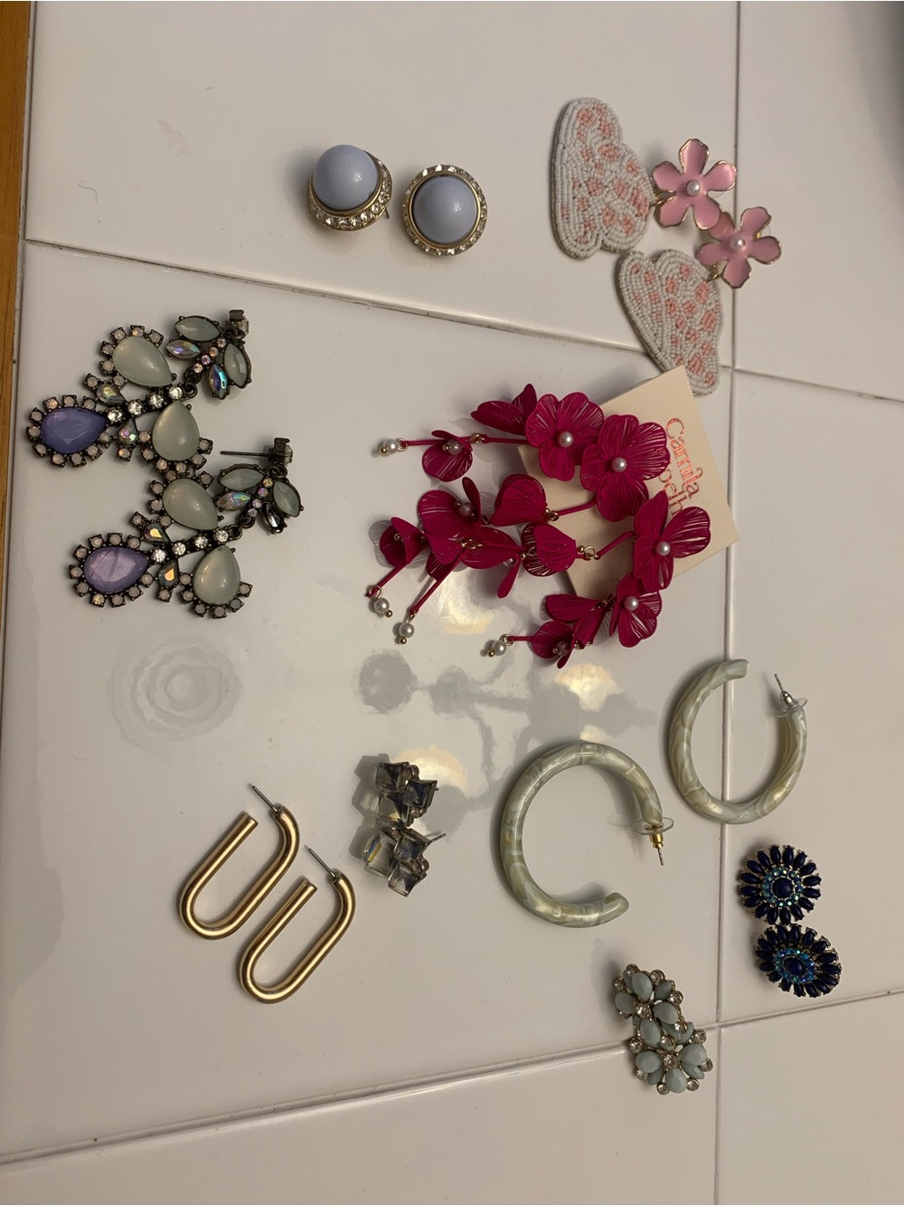 Pink Floral Statement Drop Earrings - Unbranded